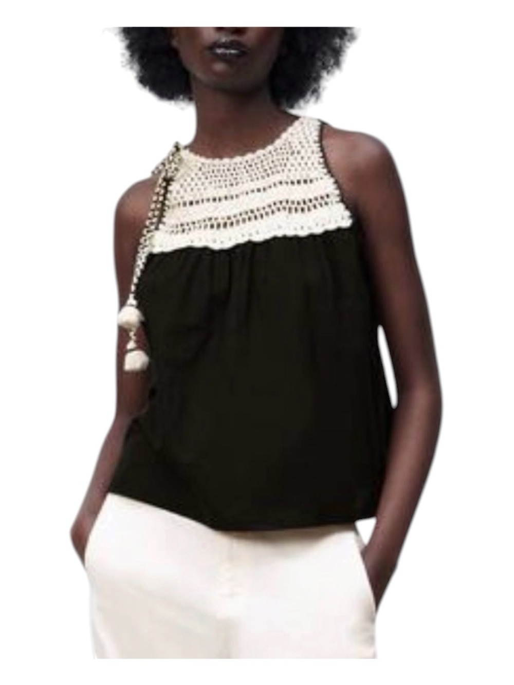 Zara Crochet Yoke Tassel Tie Cotton Top Size XS